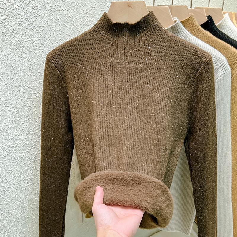 

Новый женский стиль полуводолазки плюс пушистый свитер для зимней внутренней одежды, встроенная бархатная трикотажная рубашка с длинными рукавами XL коричневый