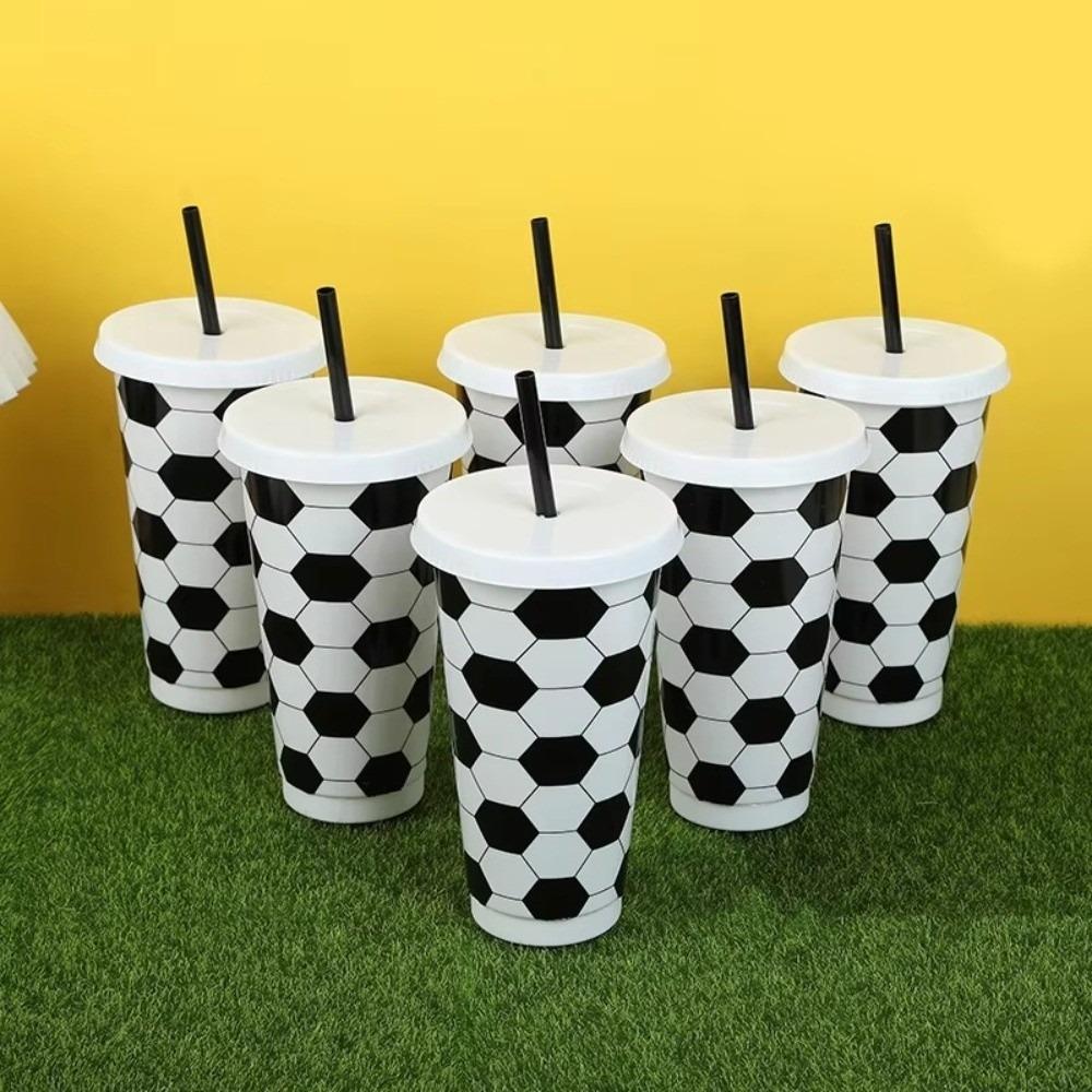 6 Pcs Set 24 OZ Soccer Cups Large Capacity with Lid and Straw Milk Tea Cup Stackable Reusable Coffee Cup