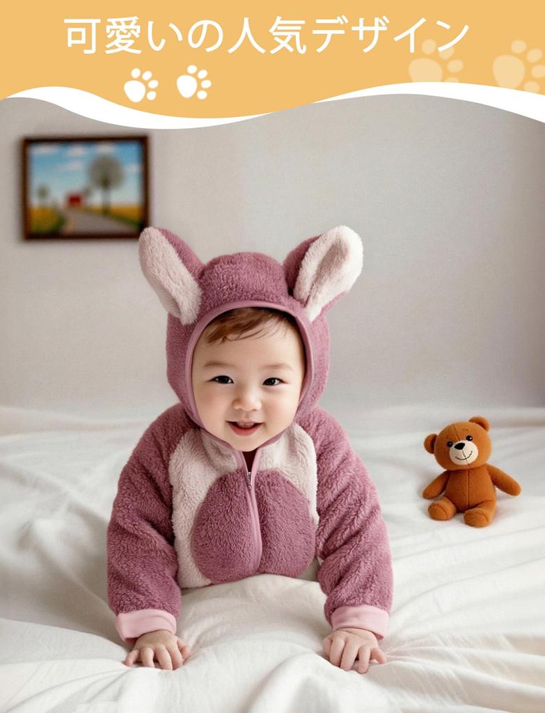 Maeau Romper Newborn Baby Long Open Bunny Kigurumi Cute Animal Size 66 Coverall, Suit, Hooded, Warm, Fleece-Lined, Kids' Pajamas, Winter, Sleeves,