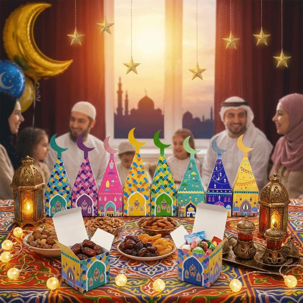 12Pcs Moon Castle Pattern Ramadan Kareem Box Favor Bags Candy Packaging Box  Eid Al Adha