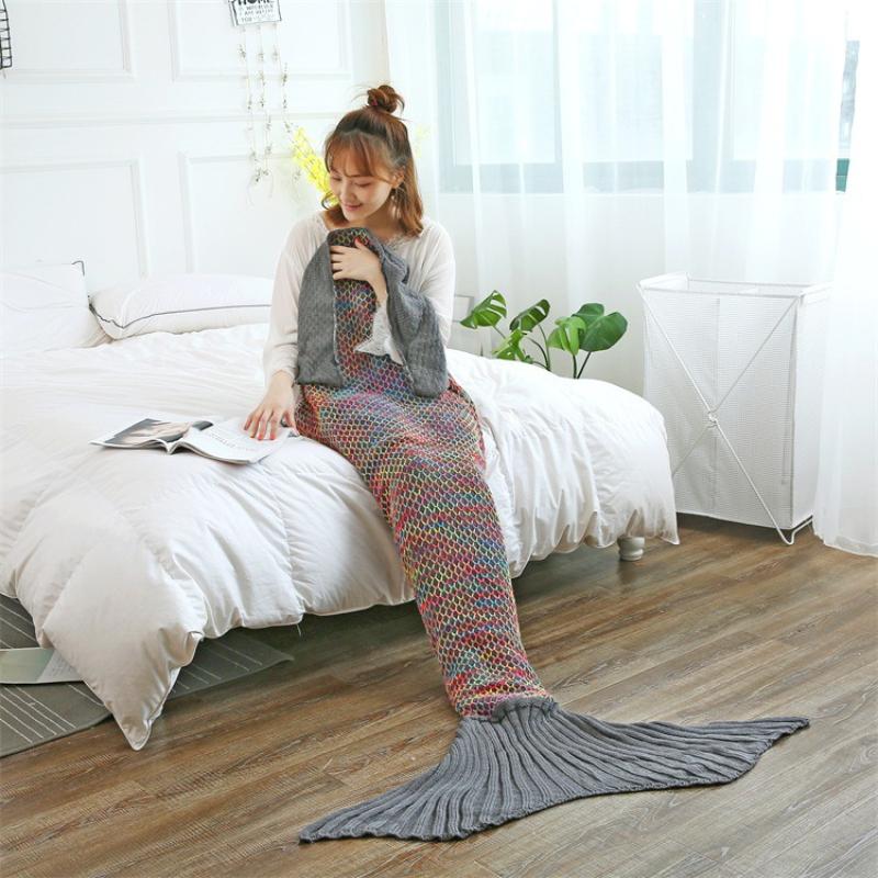 Modern Striped Fish Scale Sleeping Blanket Mermaid Tail Sleeping Bag Knitted Blanket Leisure Office Nap Air Conditioning Blanket Sofa Bed Towel