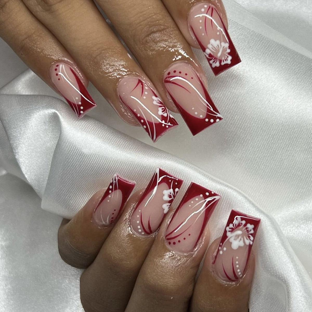 

Red Cherry Blossom French Tip Detachable False Nails