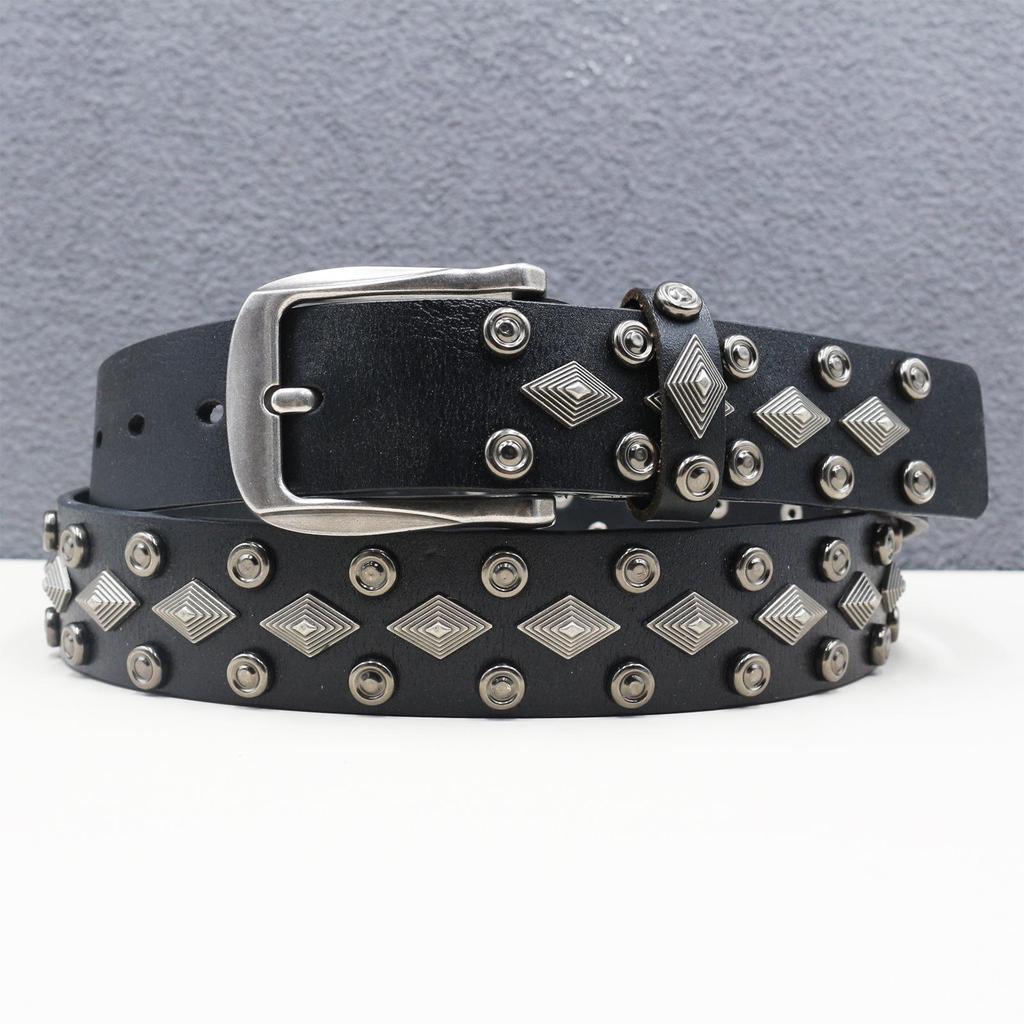 Genuine Cowhide Western Rivet Leather Belt with Diamond Gothic Accessories - Y2K Style