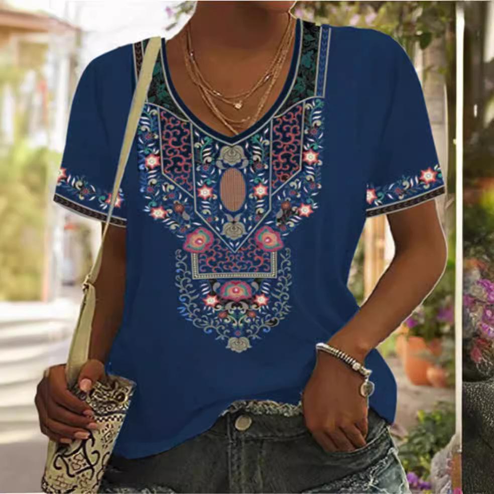 Summer V-neck 3D Retro Ethnic Style Printed Top Fashionable Casual Short Sleeved Women's T-shirts