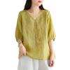 Women's Summer 2024 V-Neck Embroidered Three-Quarter Sleeve Cotton Linen Shirt