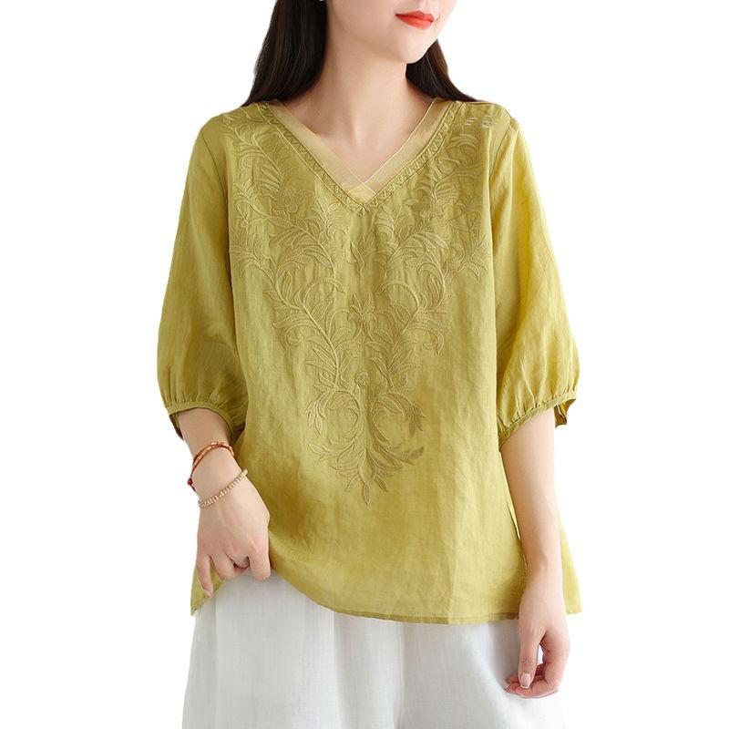 Women's Summer 2024 V-Neck Embroidered Three-Quarter Sleeve Cotton Linen Shirt