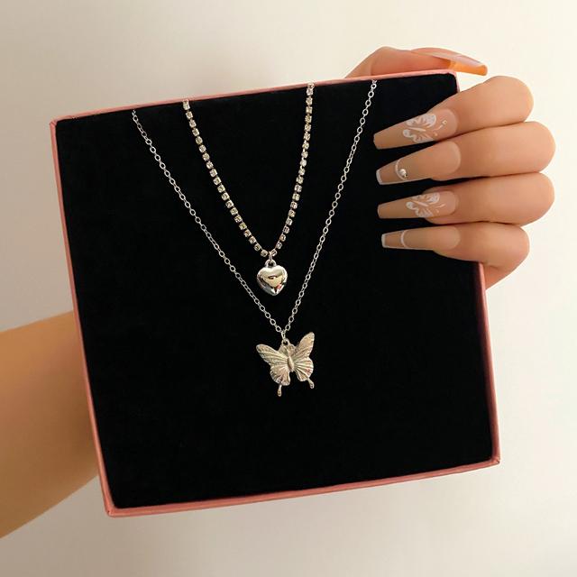 Silver Color Shining Crystal Butterfly Pendant Necklaces Double Layer Pendant Clavicle Choker For Women Jewelry Gifts