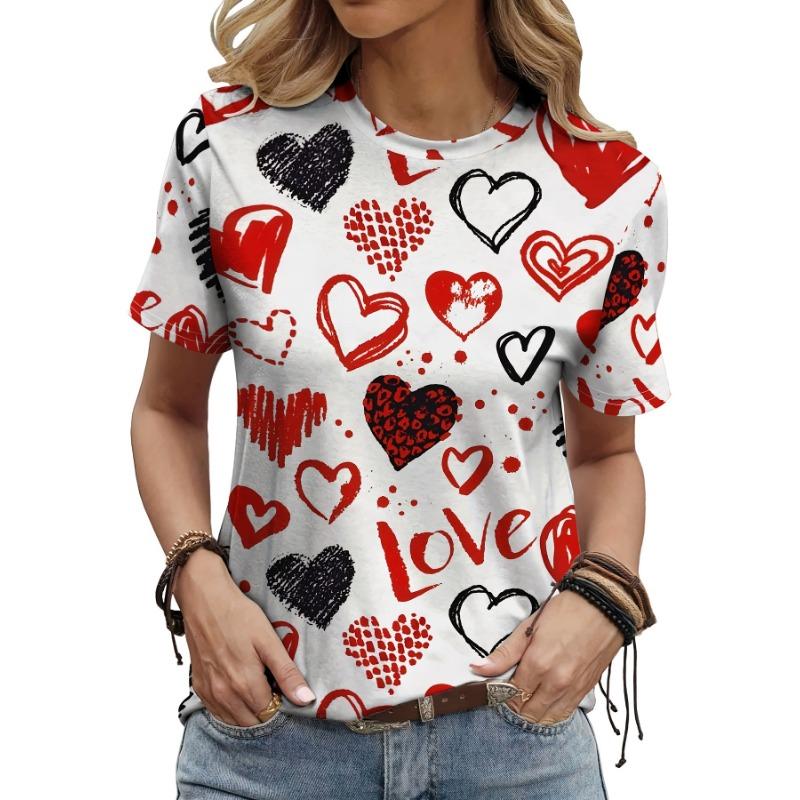 Valentinstag Damen T-Shirt Liebesherz Druck Sommer O-Ausschnitt Kurzarm Top Outdoor Casual T-Shirt Damen Übergröße Kleidung