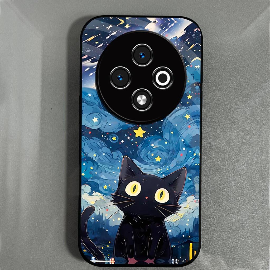 Case for TECNO SPARK 30C 4G Anime Black Cat Starry Cloud Print Phone Cover Acrylic Hard Back Shell With Flexible TPU Edge