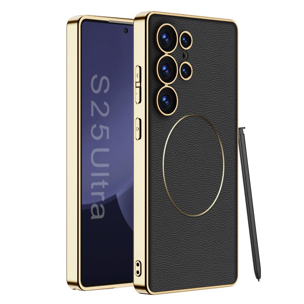 Samsung S25 Ultra Mobile Phone Case S24u Electroplating Plain Leather S23ultra Wireless Charging Anti Fall Protection Case