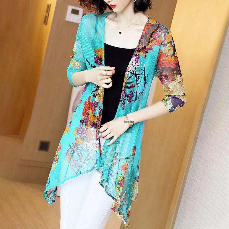 

Women s Summer Floral Print Three-Quarter Sleeve Square Neck Cardigan Shirt for Sun Protection 2XL