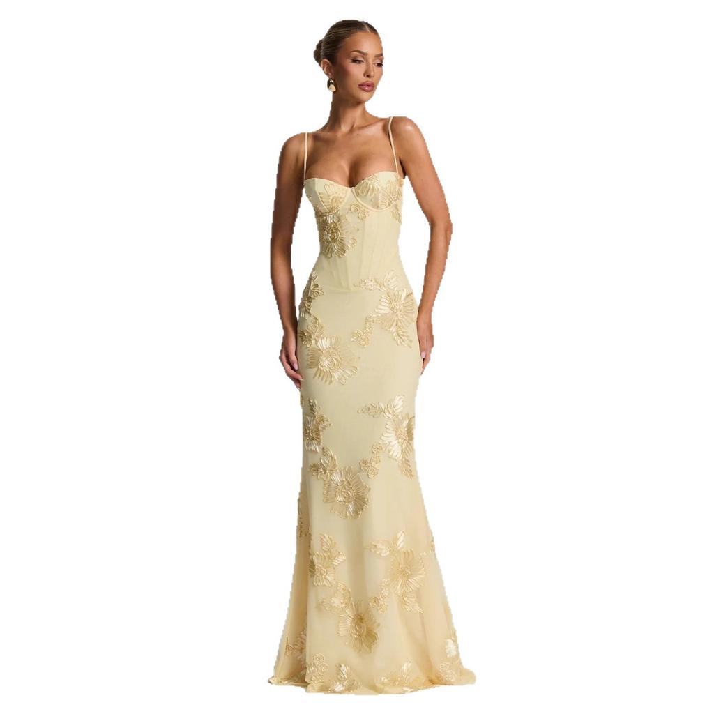 Women's Strapless Embroidered Floral Bodycon Long Dress Yellow Evening Gown