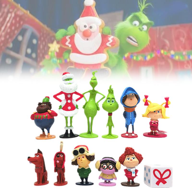 12 Entzückende Grinch-Figuren Weihnachten Thema Grüne Fellcharaktere Sammlerdeko