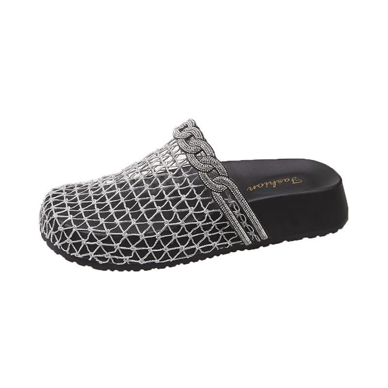 

European Station Women s Shoes 2025 Summer Fashion Diamond Chain Breathable Soft Weave Mesh Square Head Comfortable Flat Bottom Baotou Slippers 35