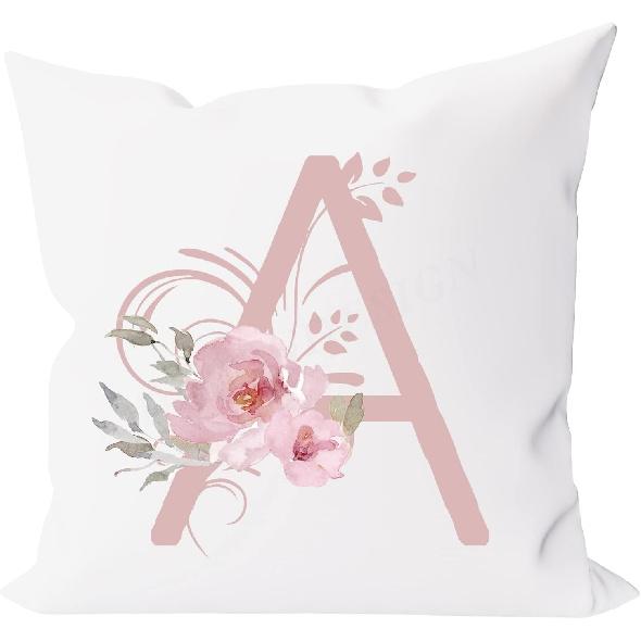 Alphabet A Throw Pillow Covers, 18" X 18" Pink Floral Monogrammed Pillow Cases - Letter A Pillow Covers - Initial Pillow Cover - Soft Square Cushion