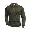 Men's Casual Solid Color Checkered Patchwork Pocket, Lapel, Long Sleeved Sport