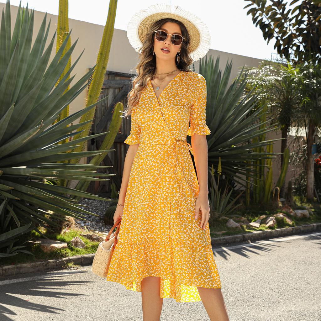 Women Summer V Neck Short Sleeve Split Lace Up A Line Ruffled Sexy Floral Printed Beach Dress S-XXL