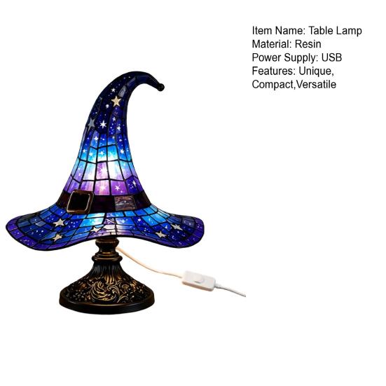 Witch Hat Table Lamp, USB Powered LED Bedside Light, Resin Gothic Night Light for Bedroom, Living Room, Shelf Halloween Decor