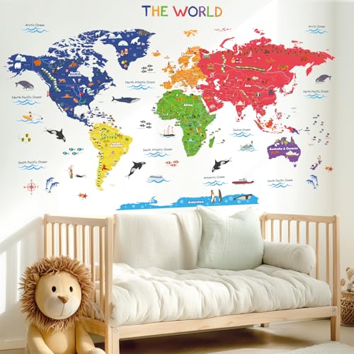 BASHOM SG2-115 Large World Map Wall Sticker, DIY Wall Decal for Kindergarten, Nursery, and Kids' Rooms. Perfect for Boys and Girls, Bathroom Decoratio