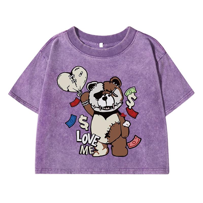 Interesting Puppet Bear Love Meprinting Female Washed Short Tshirts Casual T-Shirts Distress Midriff-Baring Tops Women