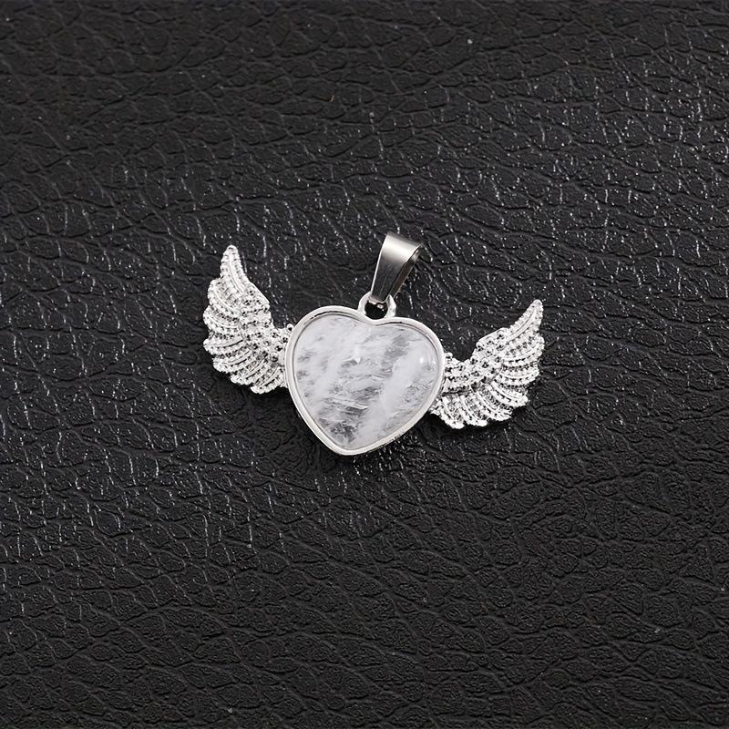 European & American Natural Stone Angel Heart Pendant with Wings