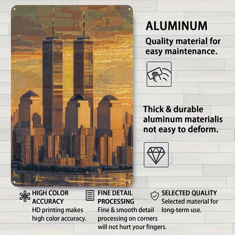 Bliźniacze Wieże nad Manhattanem: Złote wspomnienia Nowego Jorku w połowie lat 70. Metalowe znaki Plakat z panoramą miasta Dekoracja garażu Bar