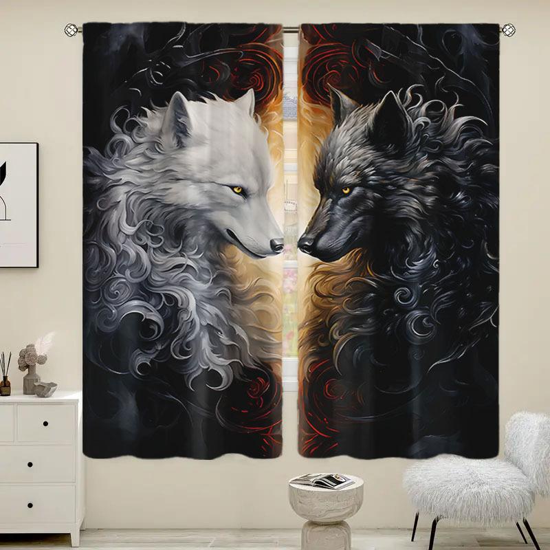 2 pieces of Black and white Wolf printed curtains, pole bag curtains 30*65, bedroom and living room, , home decoration