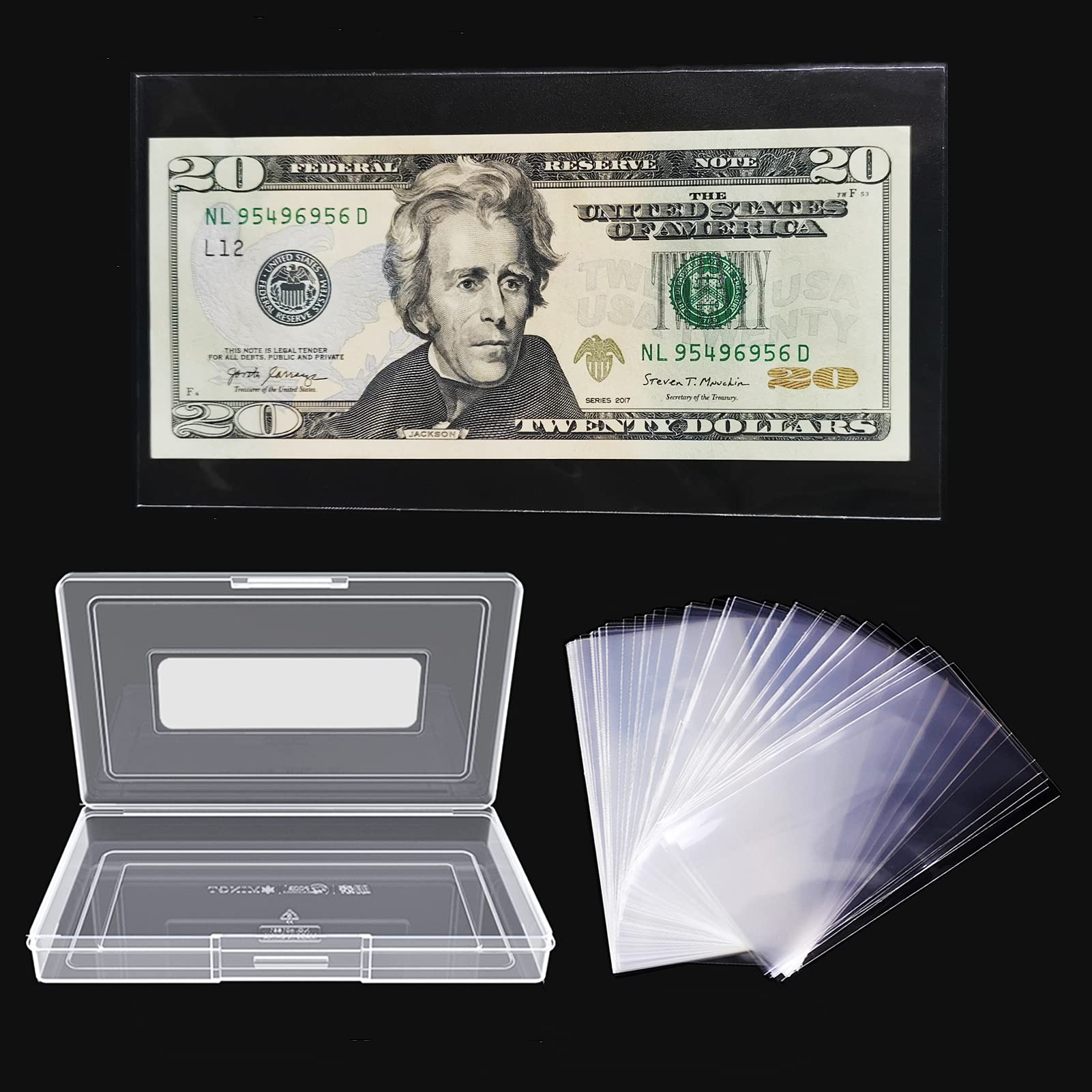 Dollar Bill Holder with Storage Case, MUDOR PP Material 100 Pieces Clear Paper Money Currency Collection Sleeves Protector Bag, Banknotes Protector 100 PCS