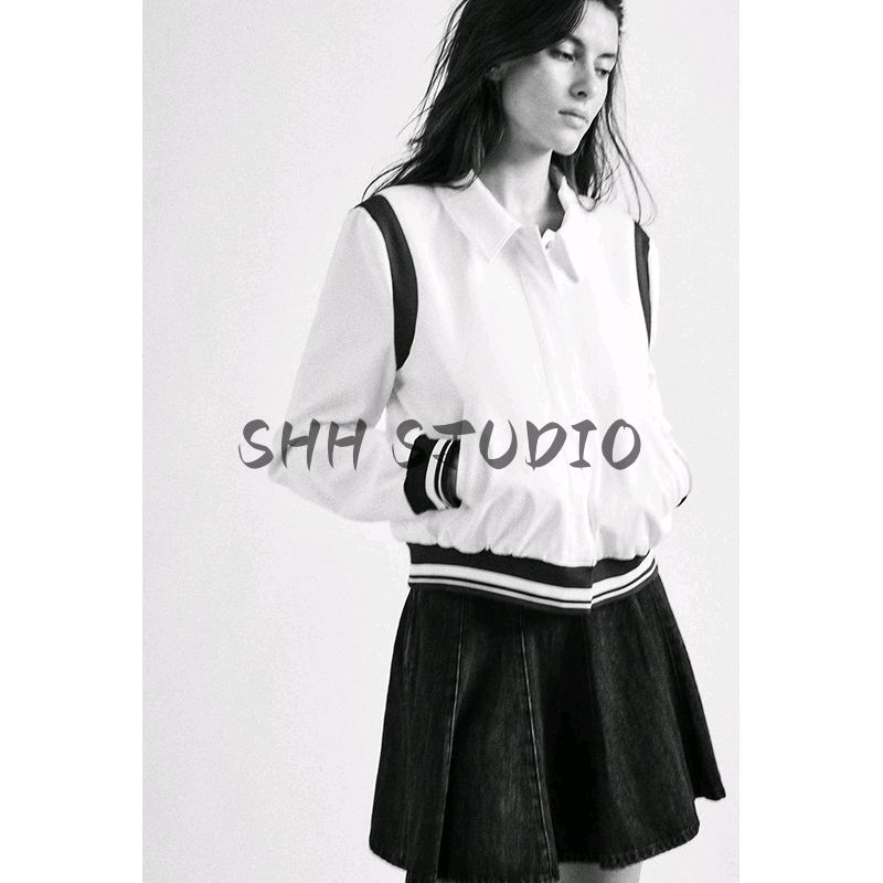 Spring New Women's Clothing American Retro All-Matching Turn-down Collar Long Sleeve Contrast Color Detail Rib Outwear 5030731