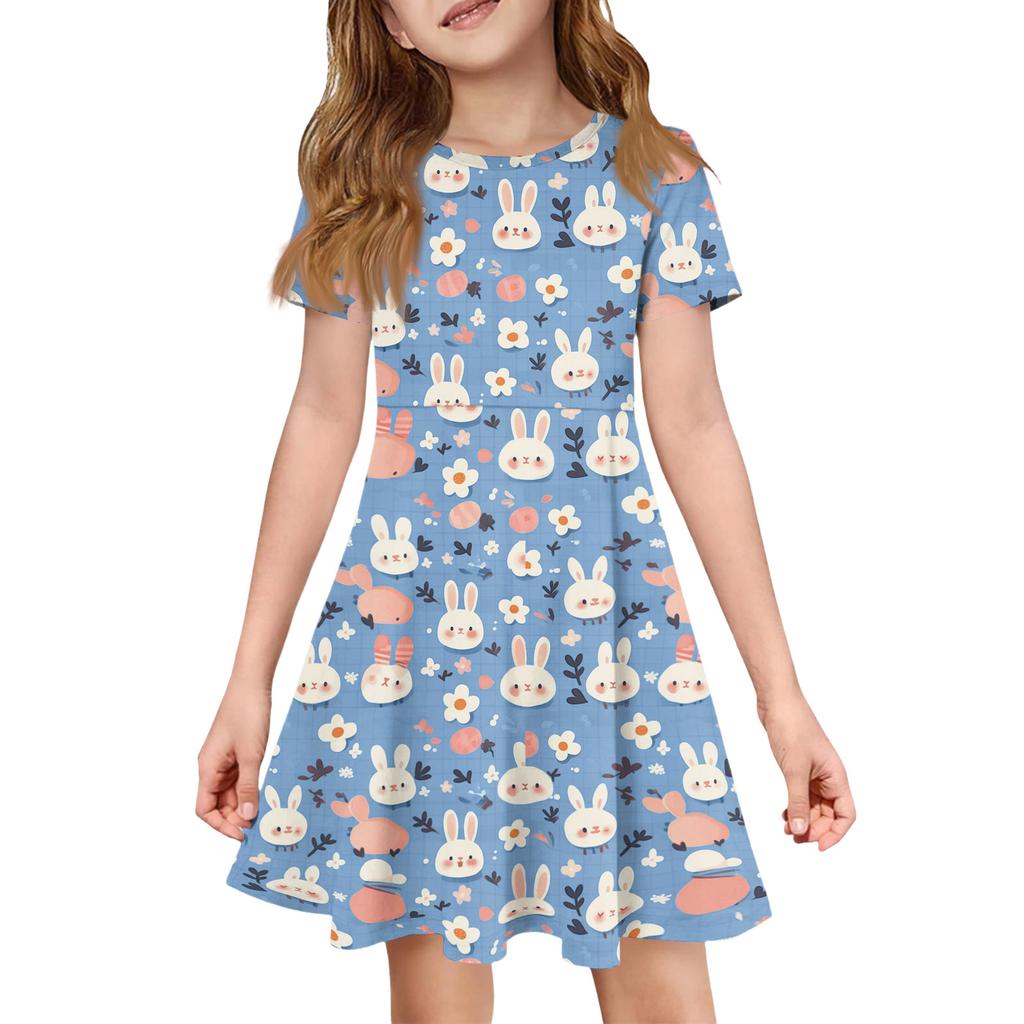 Girl Summer Dress Color & Print Short Sleeve Dress With Pocket Casual Dress Shorts Sleeve Party Dress Easter Day