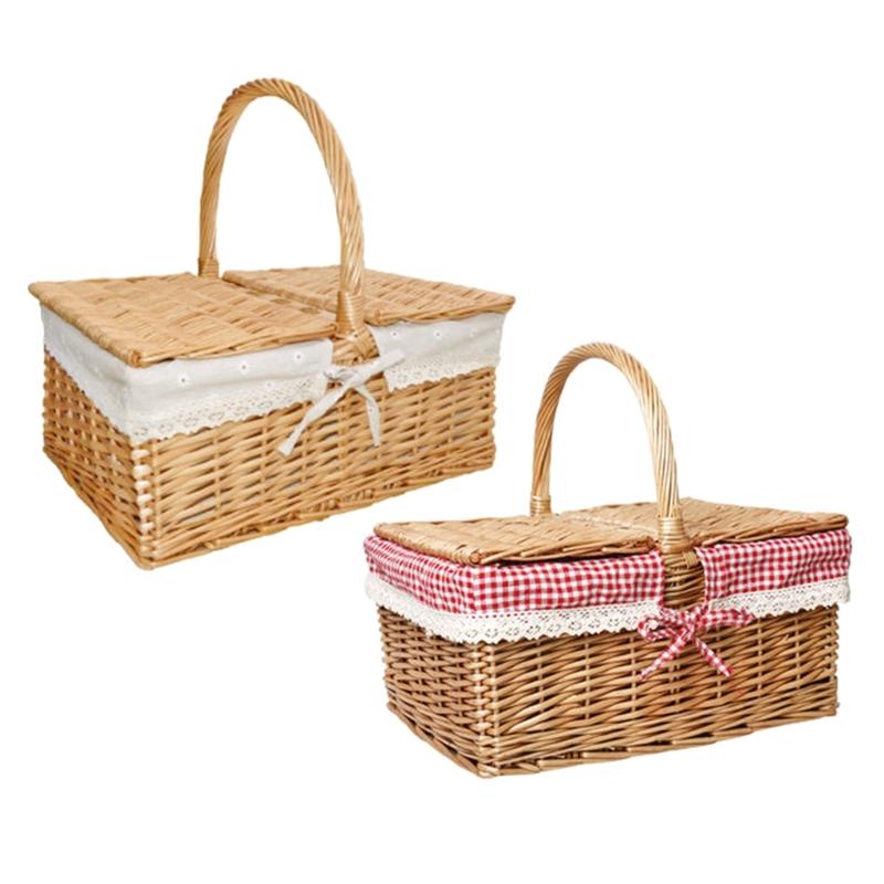 Handwoven Picnic Hamper with Lid and Liner Handwoven Storage Basket for Vegetables and Fruit Home Decoration Tool