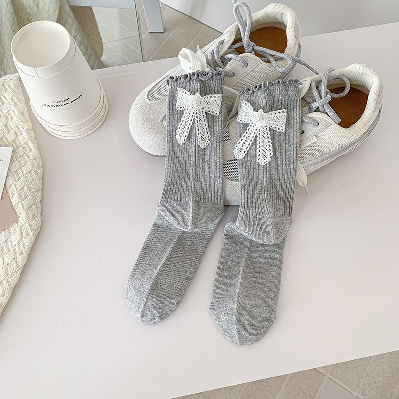 Female Spring and Autumn Sweet Heel Bow Wooden Ear Edge Ballet Wind Drum Pile Socks