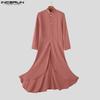 INCERUN Men Stand Neck Long Sleeve Pleated Split Irregular Long Tunic Tops