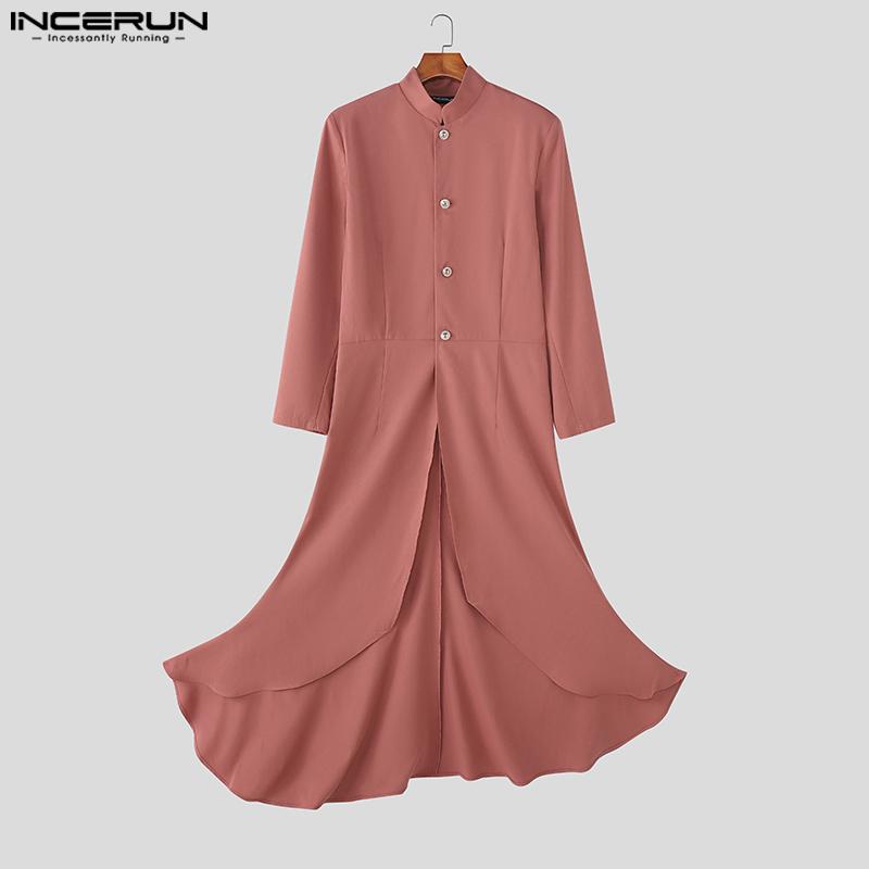 INCERUN Men Stand Neck Long Sleeve Pleated Split Irregular Long Tunic Tops
