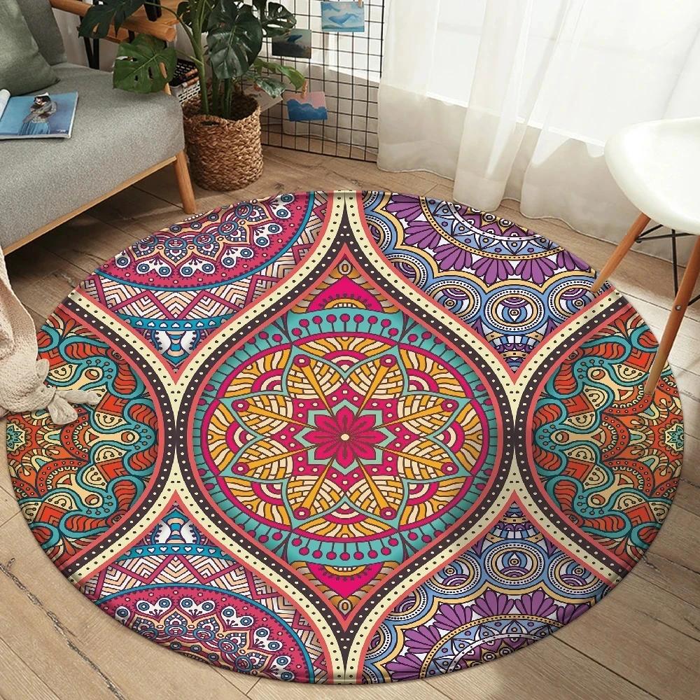Alfombra Redonda Mandala Boho Alfombra de Área con Estampado Floral Colorido Para Sala de Estar Dormitorio Silla Felpudo Antideslizante para Suelo Hogar Cocina Felpudo de Puerta