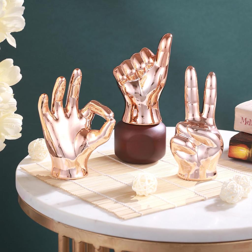 Set of 3 Hand Sign Gesture Showpiece Statue Collectible Figurines (Ceramic, Copper) for Home Decor Living Room Bedroom Wall Shelf Office Table