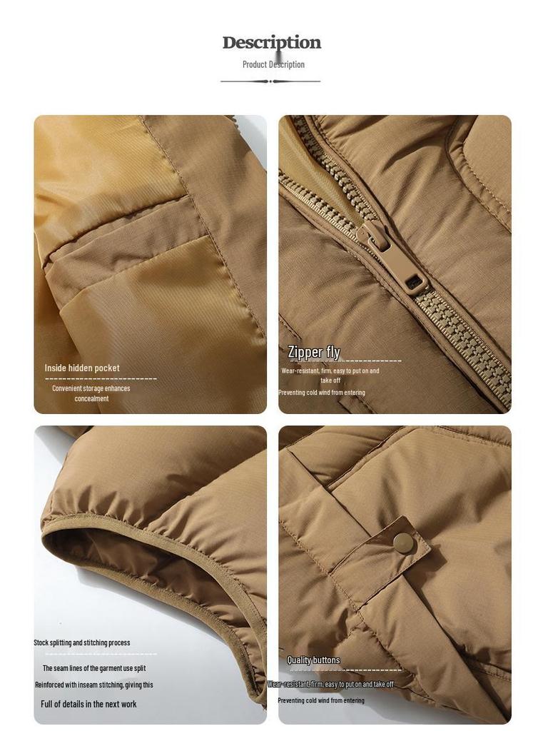 Gilet Matelassé Épais en Duvet et Coton pour Homme avec Col Montant - Vêtement d'Extérieur Automne/Hiver