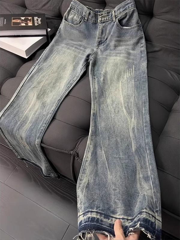 Retro blue lightning pattern jeans men's summer American high street vibe pants cleanfit straight micro-pull pants