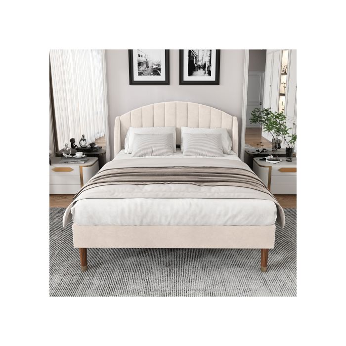 Lit tapissé - MUVOE - 160x200 cm - Velours beige - Montage facile - 2 places