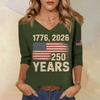 Womens V Neck 3/4 Sleeve Top with Printed States Flag and 250 Years Letter Design Casual Fit
