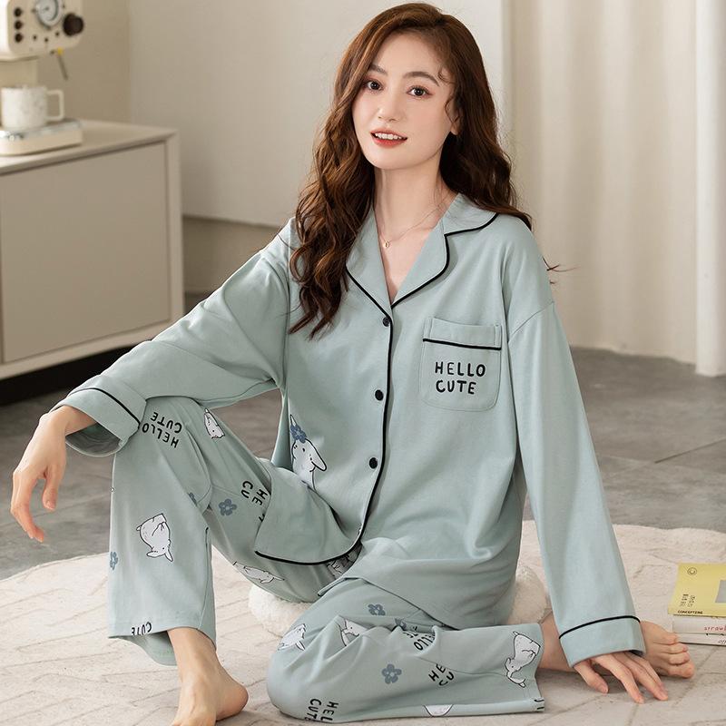Pajamas Women's Spring and Autumn 100% Pure Cotton Long-sleeved Thin 1011 New Spring and Summer High-end Loungewear Set