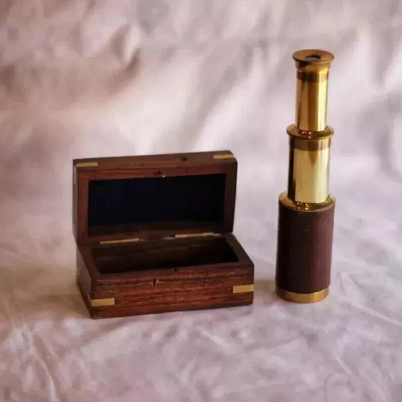 Vintage 6" Captain Handheld Mini Brass Telescope Pirate with Wooden Box