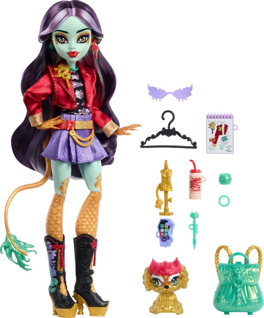 Includes Monster High Jinafire Long Pet Dog and Dragon Frosted and Seven Accessories Including a Sketch Yogurt and Doll, "Yun Yun", Pad, Drink,