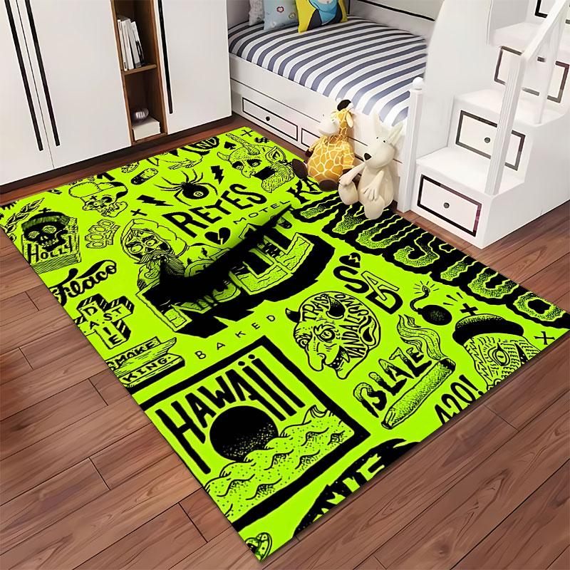 Green Cartoon Punk Art Carpet Suitable As a Non-slip Mat for the Living Room or Bedroom Sofa