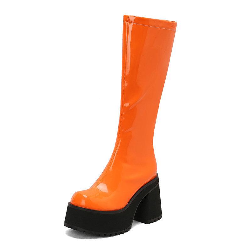  Tall Boots Patent Leather Punk Style Muffin Thick-soled Thick Heel Super High Heel Side Zipper  Knee-length Knight Boots