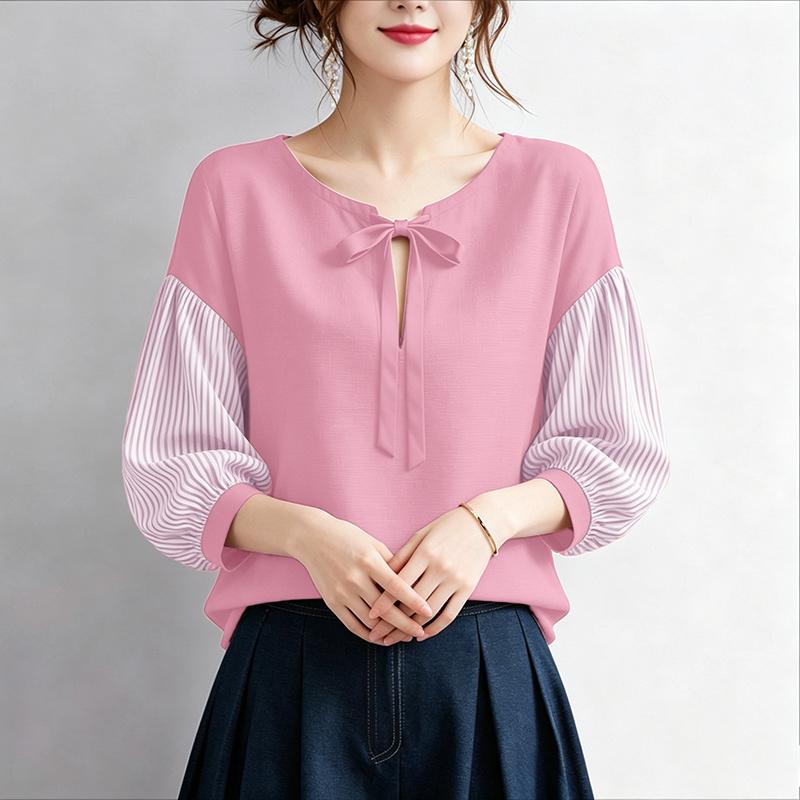 ZANZEA Women Casual Round Neck Stripe Splice Half Sleeve Loose Blouse M розовый
