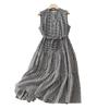 2025 Summer New Retro Cotton and Linen Sleeveless Dress, Lace-up Size Grid Medium and Long Splicing A-shaped Skirt