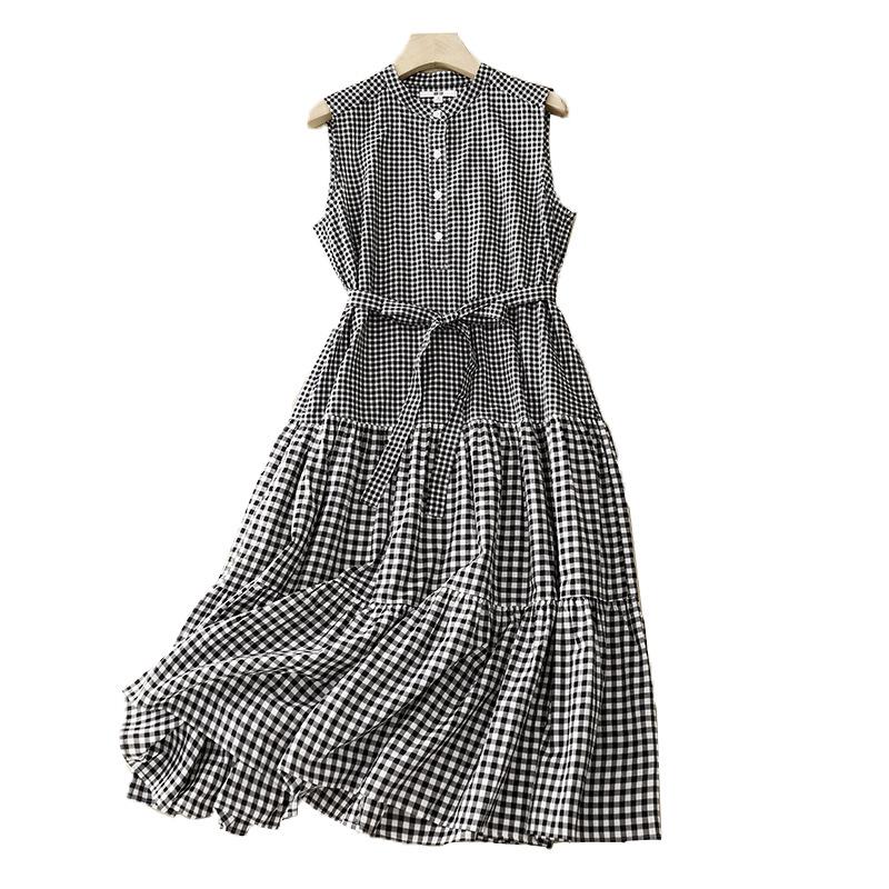 2025 Summer New Retro Cotton and Linen Sleeveless Dress, Lace-up Size Grid Medium and Long Splicing A-shaped Skirt