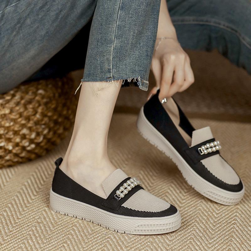 Japanese Princess Shoes Fisherman Shoes Single Shoes Knitted Woven Shoes Flying Woven Flat Pearl One Pedal Loafers Women