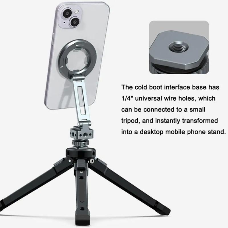 Collapsible Metal Phone Holder Featuring Magnetic Locking System Double Orientation Shoots Cold Shoe Expansion Interface